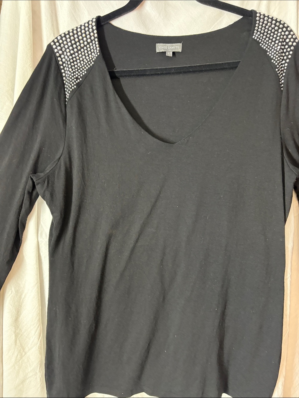 Vince Camuto Black Long-Sleeve Top with Silver Studded Shoulders